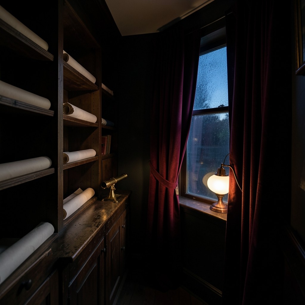 Night interior of a narrow study with dark wood shelves, velvet drapes, and a copper lamp