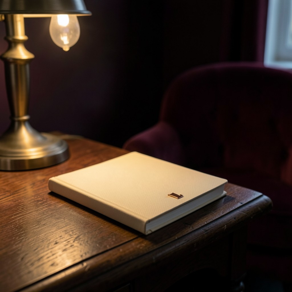 A closed cream notebook with a copper clip in a dim velvet room