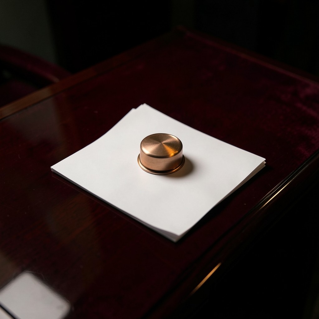 Paper charts pushed to the edge of a lacquered desk with one sheet held by a copper paperweight