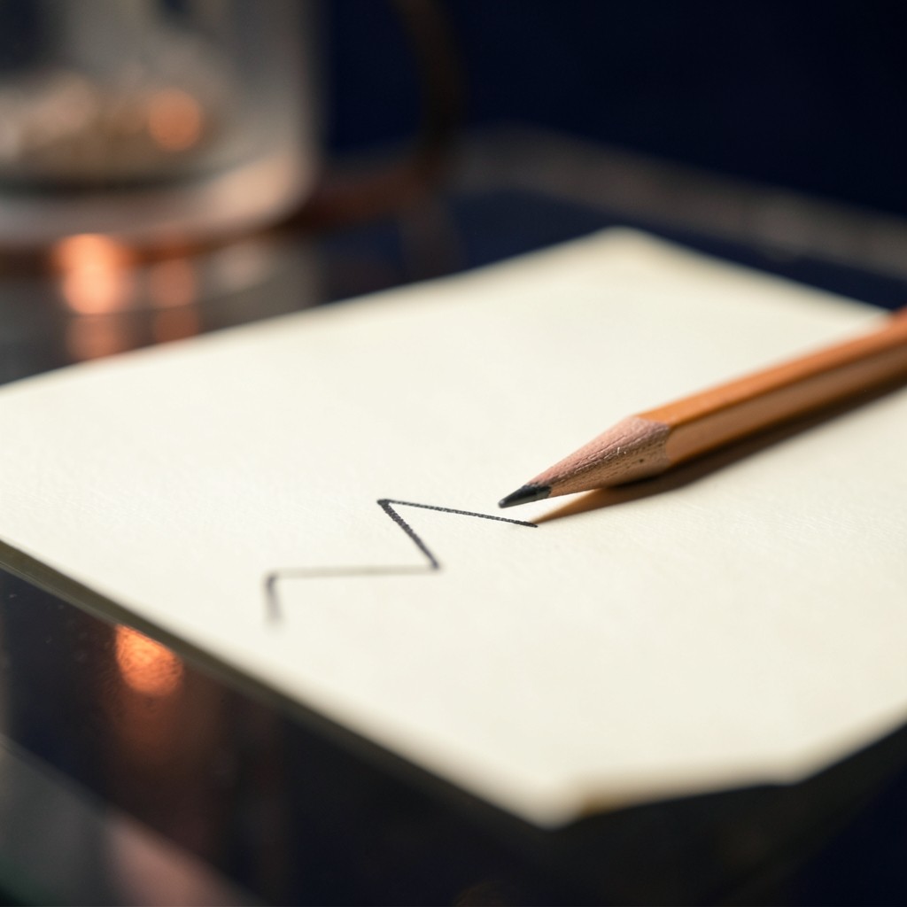 A close view of a pencil zigzag on blank cream paper with copper reflections