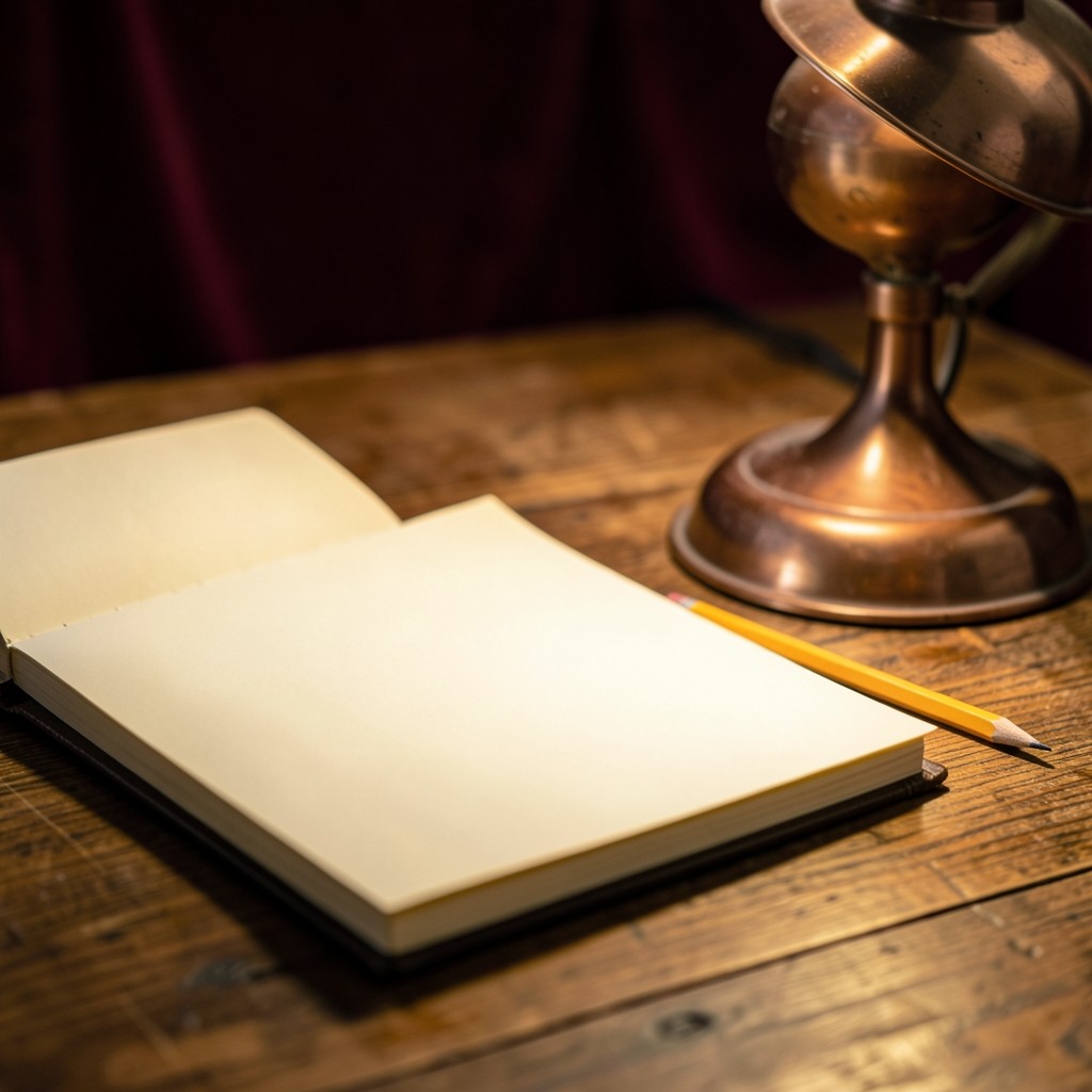 A single open notebook on a wooden desk under a copper lamp in a dark room