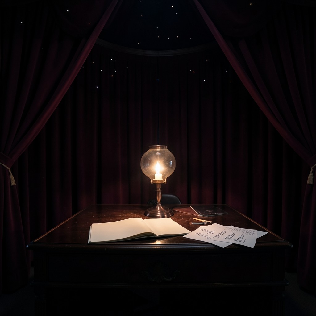 A nocturnal study with burgundy velvet, a lacquered desk, an open notebook, and a copper lamp