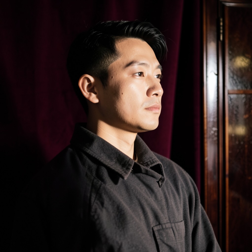 Portrait of Park Minjae beside a dark wood cabinet in warm side light