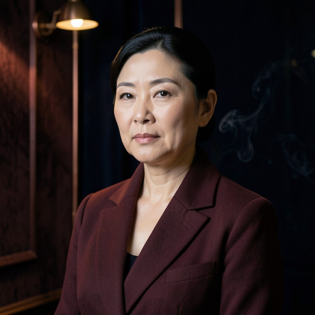 Portrait of Han Seorin, a woman in a burgundy jacket seated in a velvet-walled room