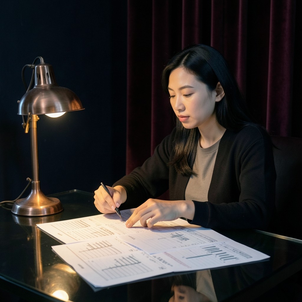 An adult woman at a smoked-glass table reviewing large paper sheets of hand-drawn price bars