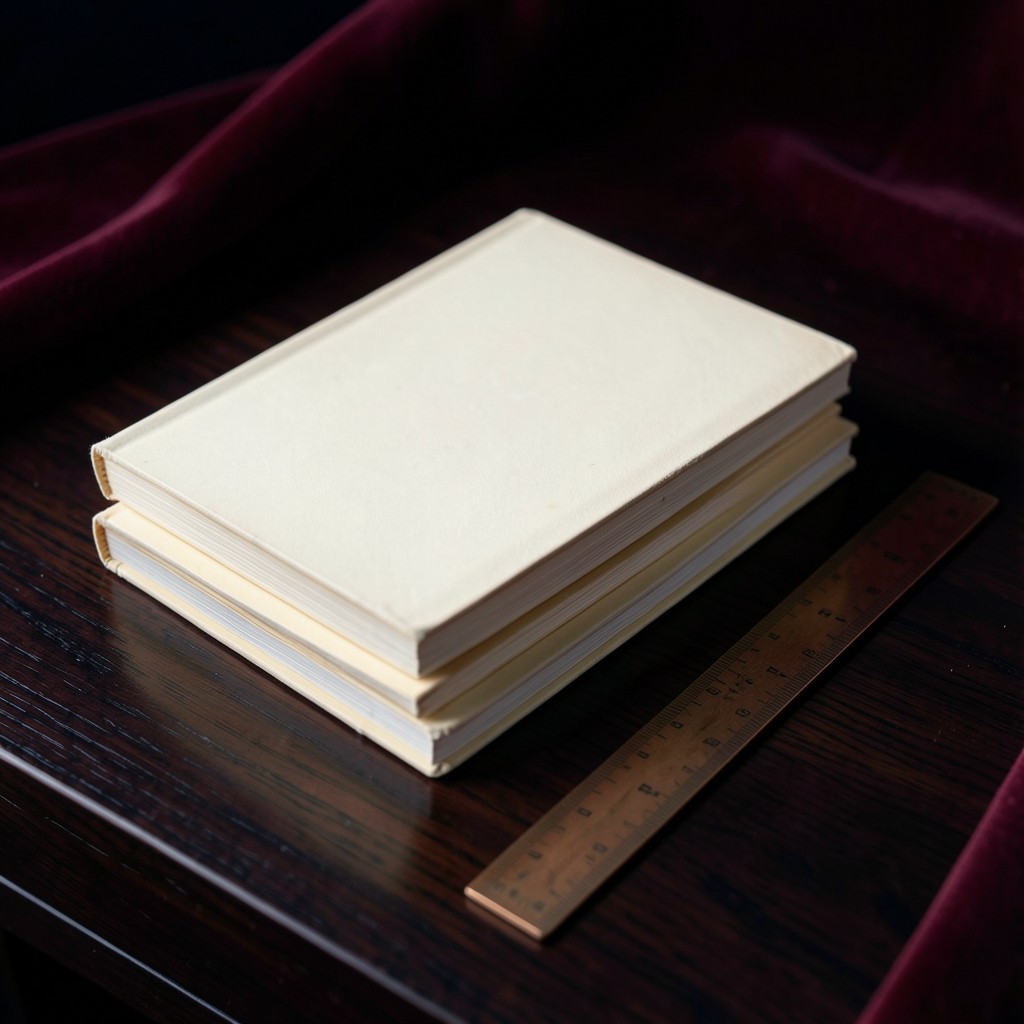 Four cream notebooks stacked on dark wood beside a copper ruler