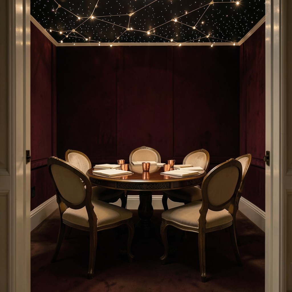 A small round lacquered table set with blank notebooks and copper cups in a velvet room
