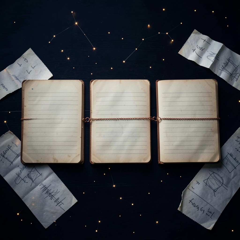 Three open notebooks in a row on dark lacquered wood